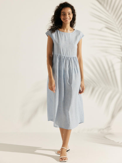 100% Linen Cap Sleeve Washed Midi Dress JOAN