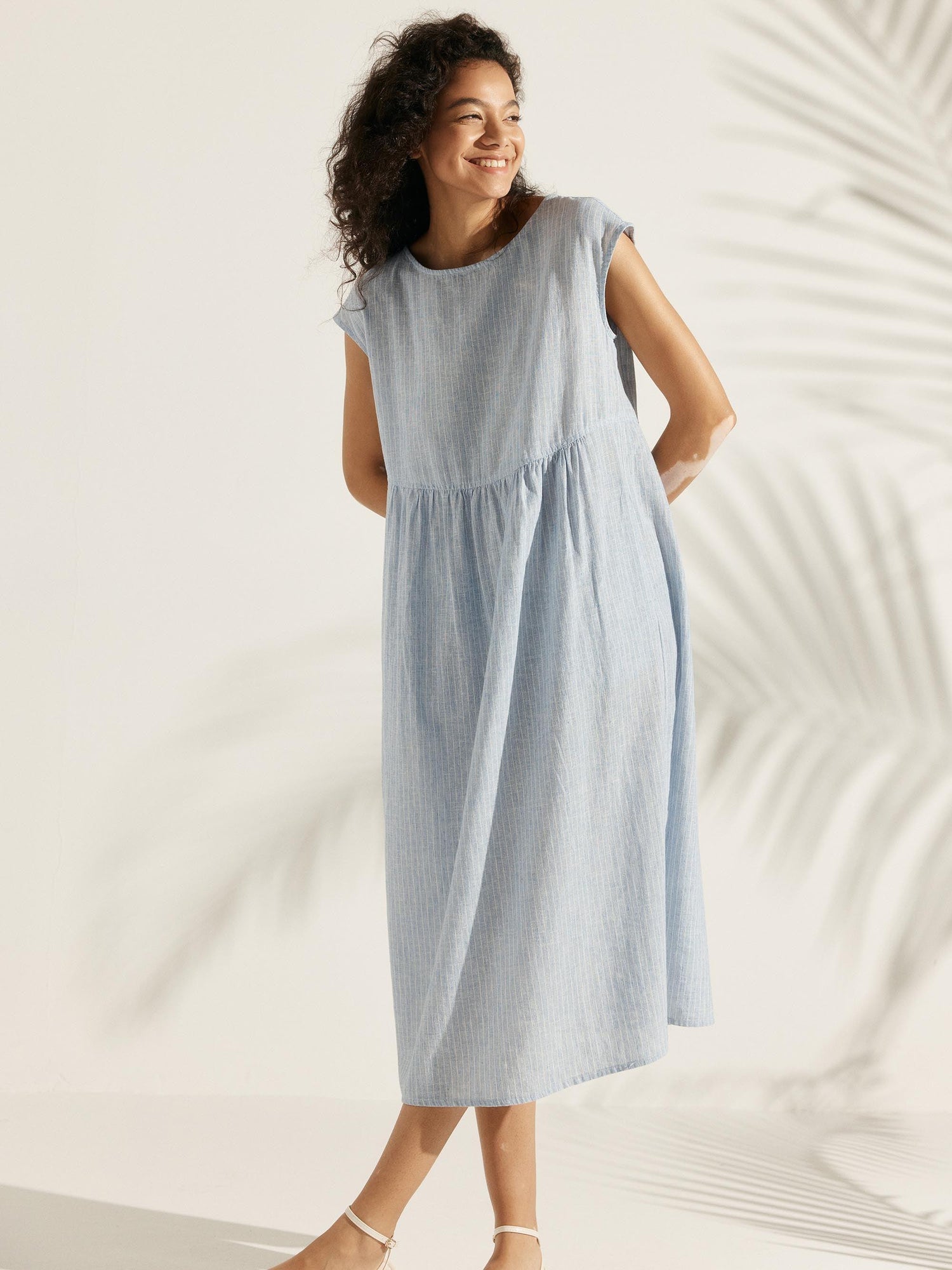 100% Linen Cap Sleeve Washed Midi Dress JOAN