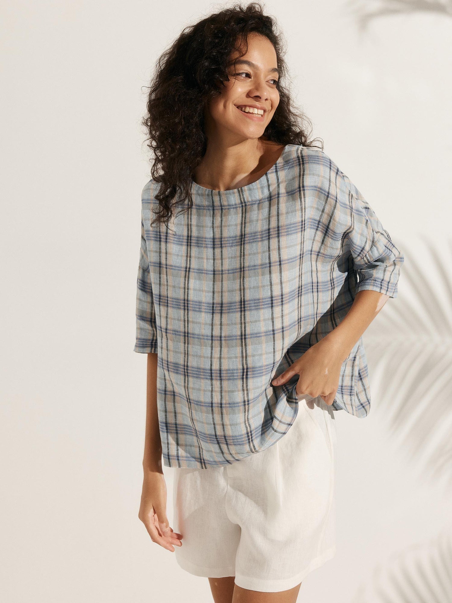 100% Linen Gingham Checked Boatneck 3/4 Length Sleeve Top AURORA by LINTICO
