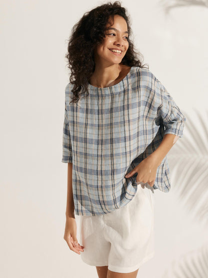 100% Linen Gingham Checked Boatneck 3/4 Length Sleeve Top AURORA by LINTICO