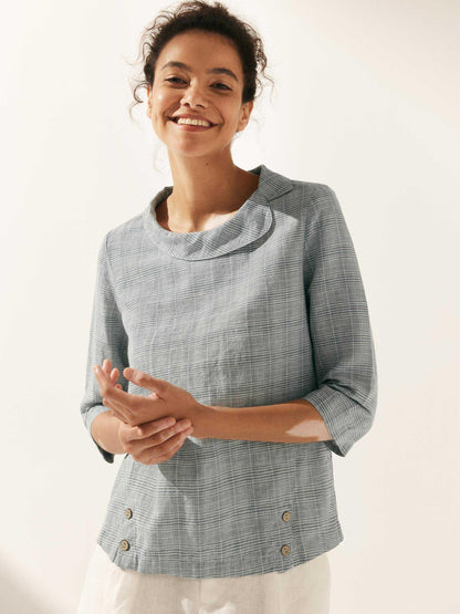 Linen Gingham Checked Round Soft-Fold Collar Top LAURA