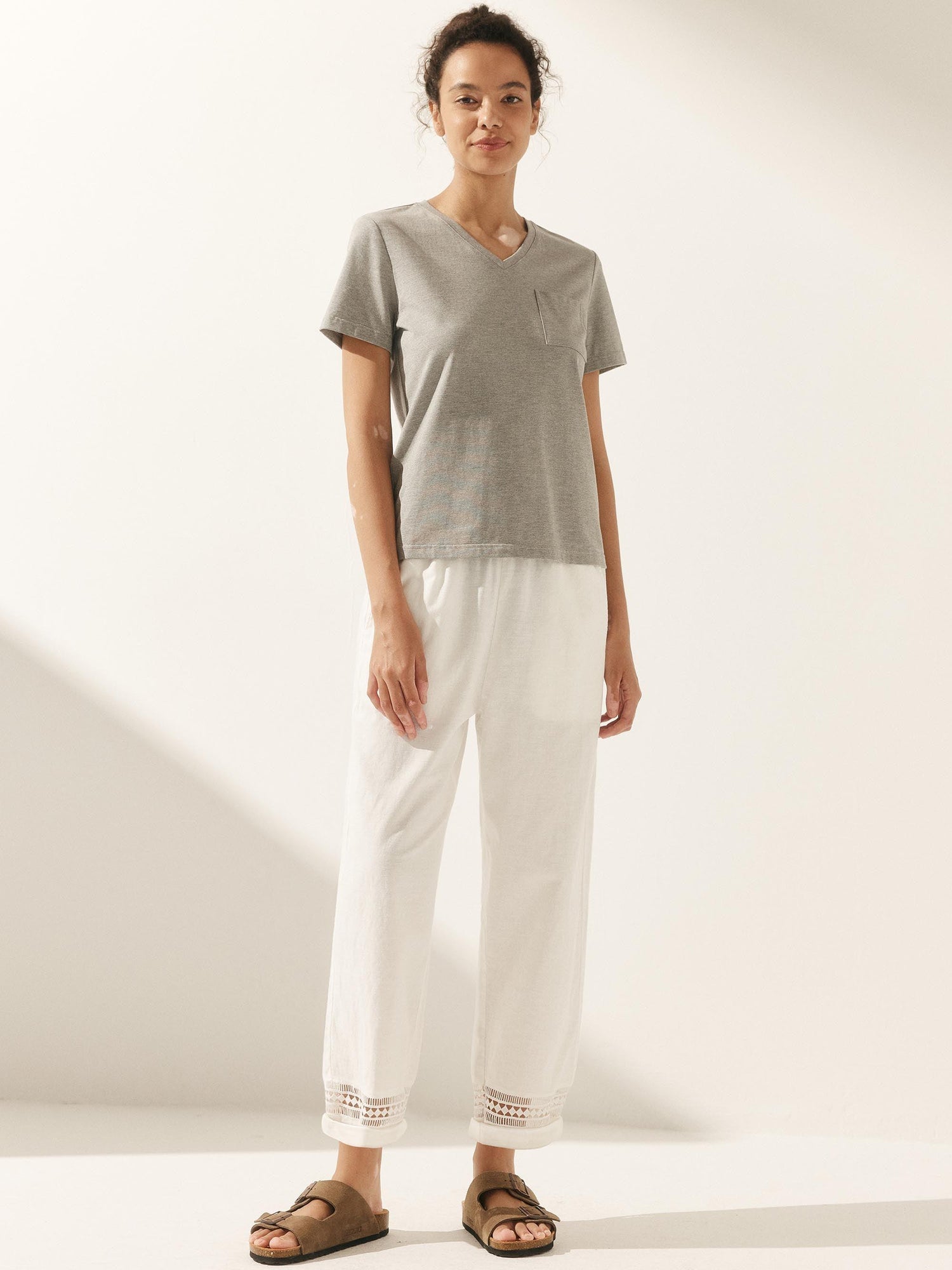 Linen Hollow Lace Stitching Elastic Waist Ankle Length Pants RITA by LINTICO