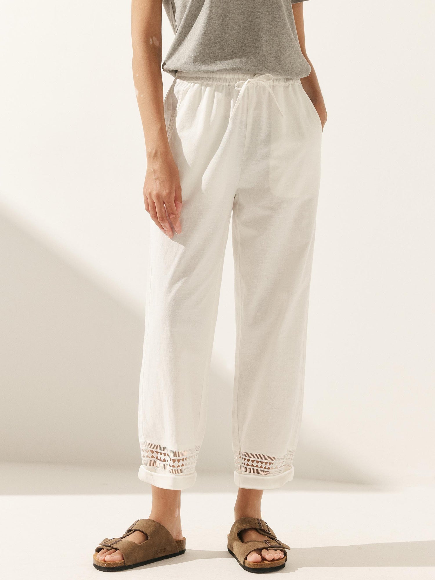 Linen Hollow Lace Stitching Elastic Waist Ankle Length Pants RITA by LINTICO