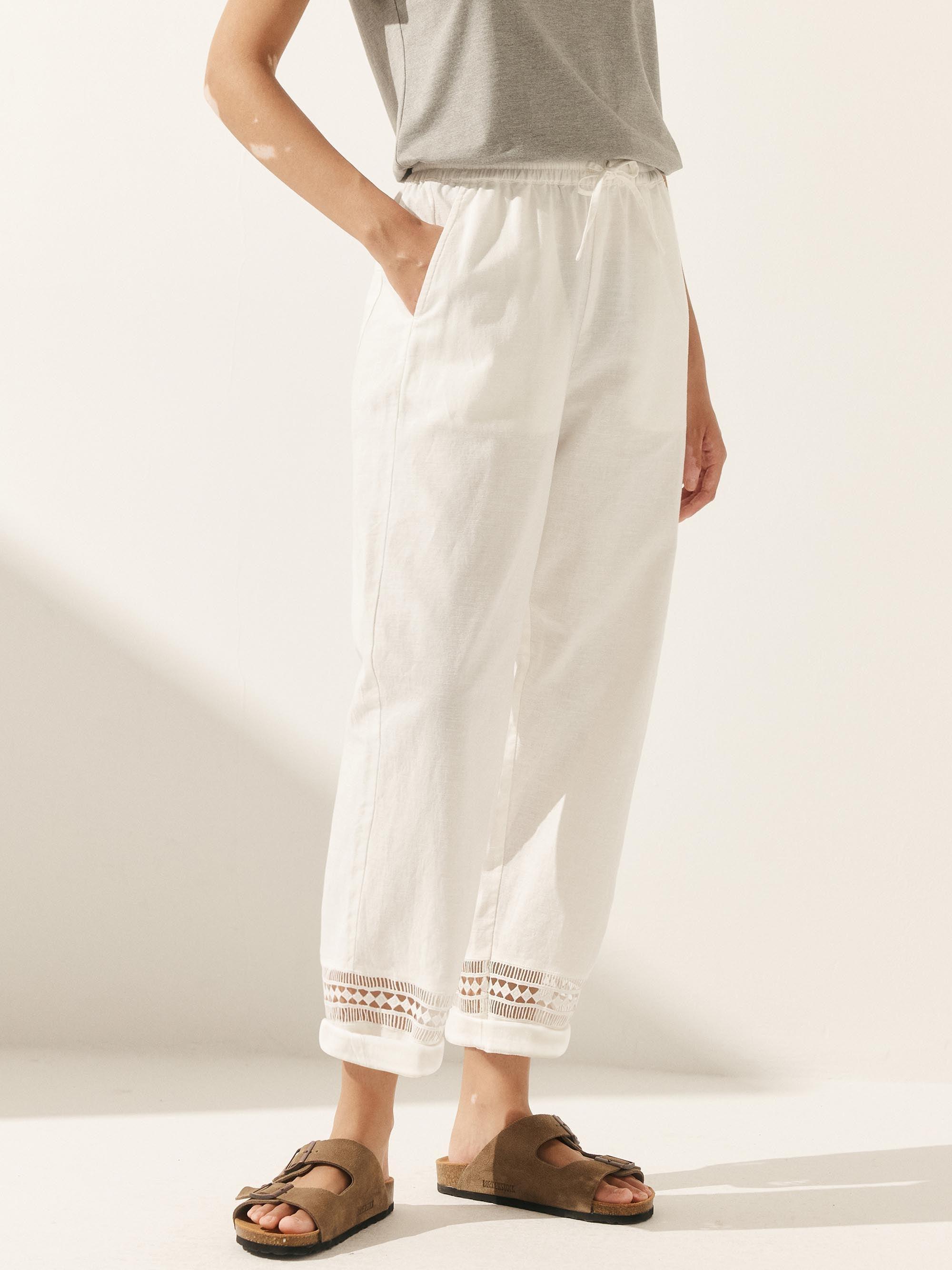 Linen Hollow Lace Stitching Elastic Waist Ankle Length Pants RITA by LINTICO