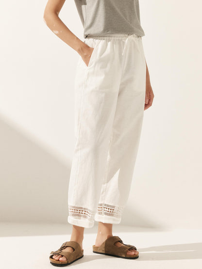 Linen Hollow Lace Stitching Elastic Waist Ankle Length Pants RITA by LINTICO
