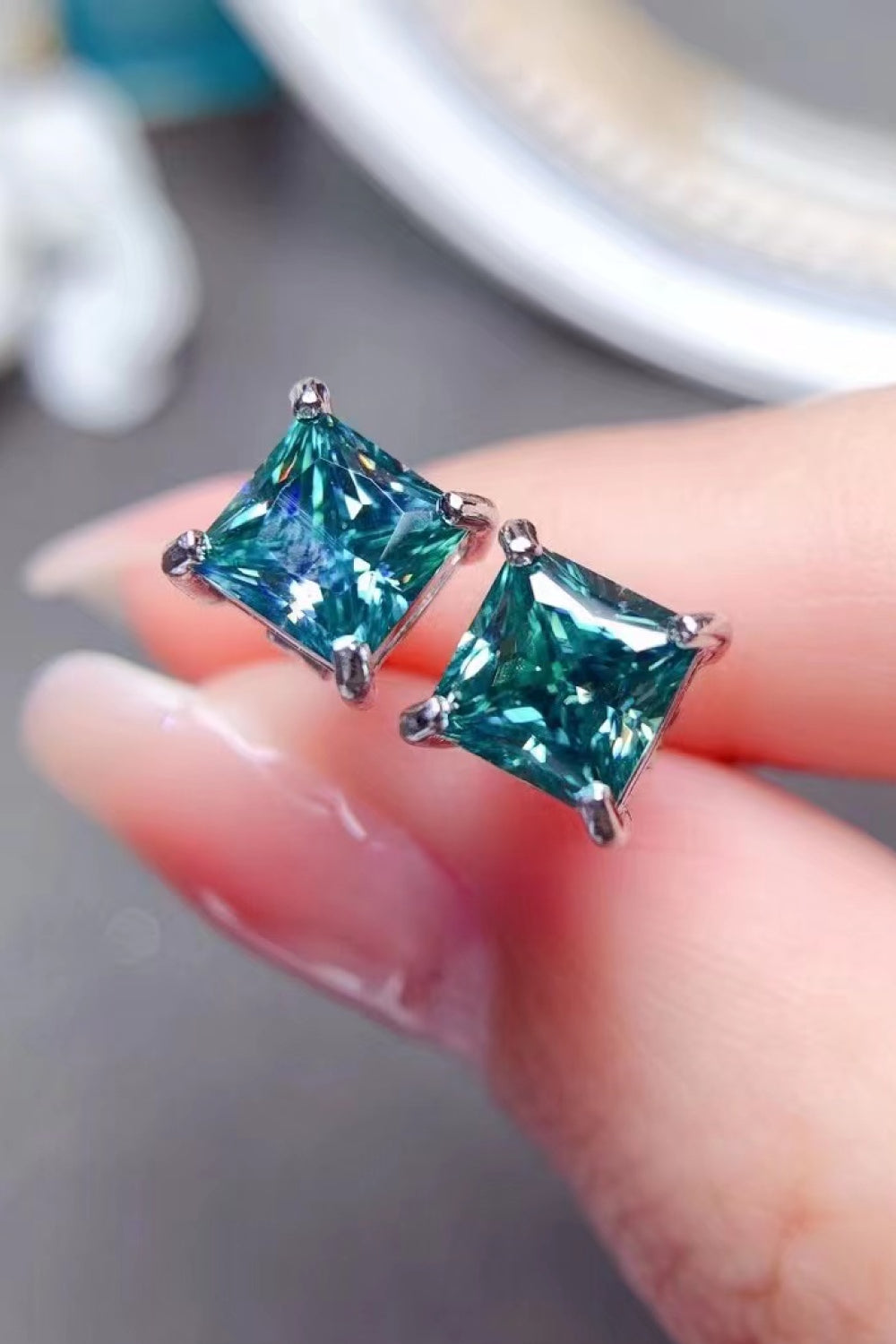 2 Carat Square Sparkala™ Four-Prong Earrings (Platinum-Plated Fine Silver) by Sparkala