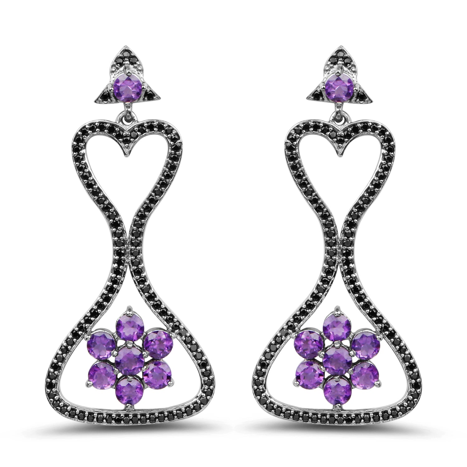 6.31 Carat Genuine Amethyst &amp; Black Spinel .925 Sterling Silver Earrings