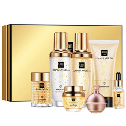 24K Gold Skin Care Set 9PCS with Box Face Toner Essence Cream Nicotinamide Anti-Aging Wrinkles Serum Facial Cleanser Kit by Korean Skin Care
