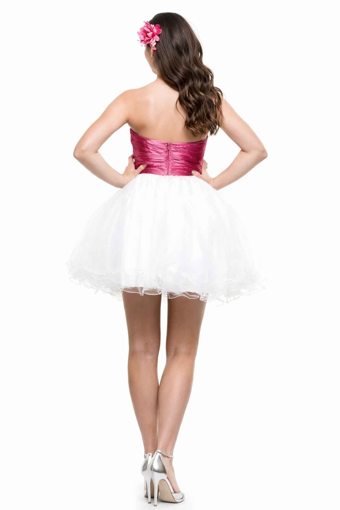CLEARANCE - Cinderella Divine 077 Short Strapless White Dress Hot Pink Rhinestone Waist Tulle by DiscountDressShop