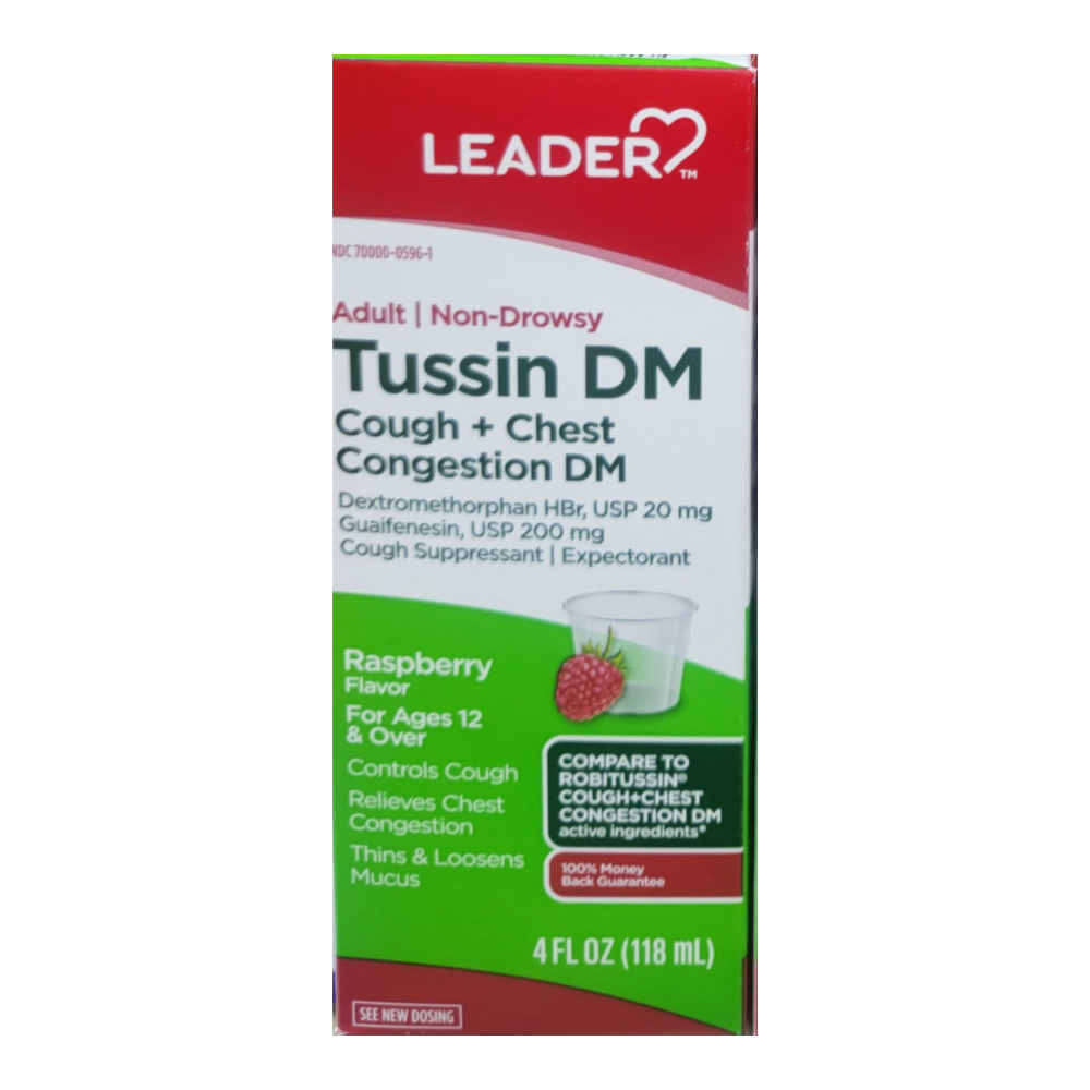 Leader Tussin DM Adult Cough + Chest Congestion DM Non-Drowsy USP (20 mg Raspberry 4 oz) by Farmacias Savia