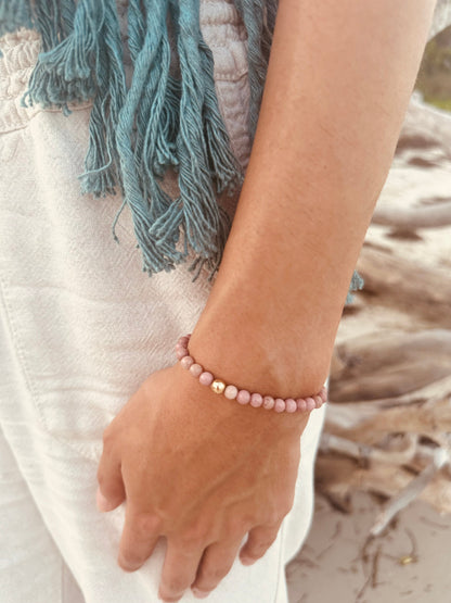 Natural Pink Rhodonite + 14k Gold Filled || Stretch Bracelet by CanyonLeaf