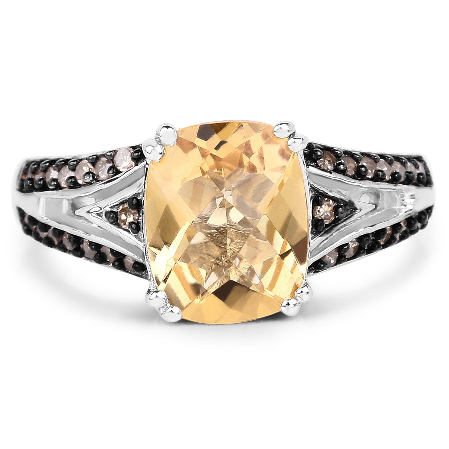 2.79 Carat Genuine Citrine, Champagne Diamond &amp; White Diamond .925 Sterling Silver Ring