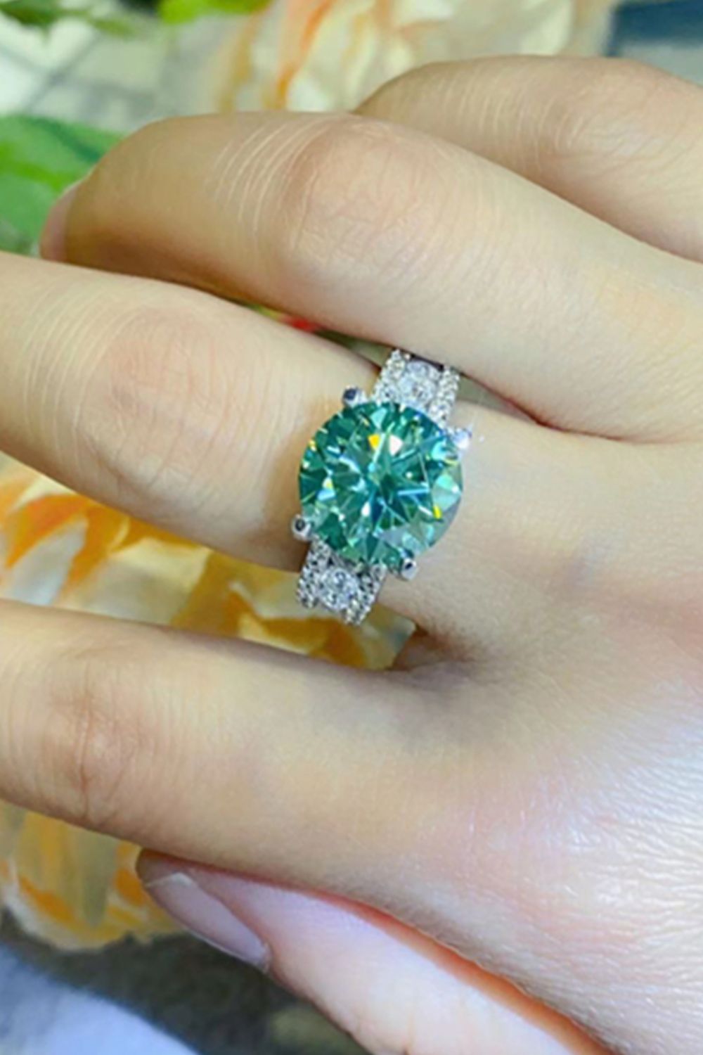 5 Carat Green Brilliant Round Cut Sparkala™ 4-Prong Wide Band Ring by Sparkala