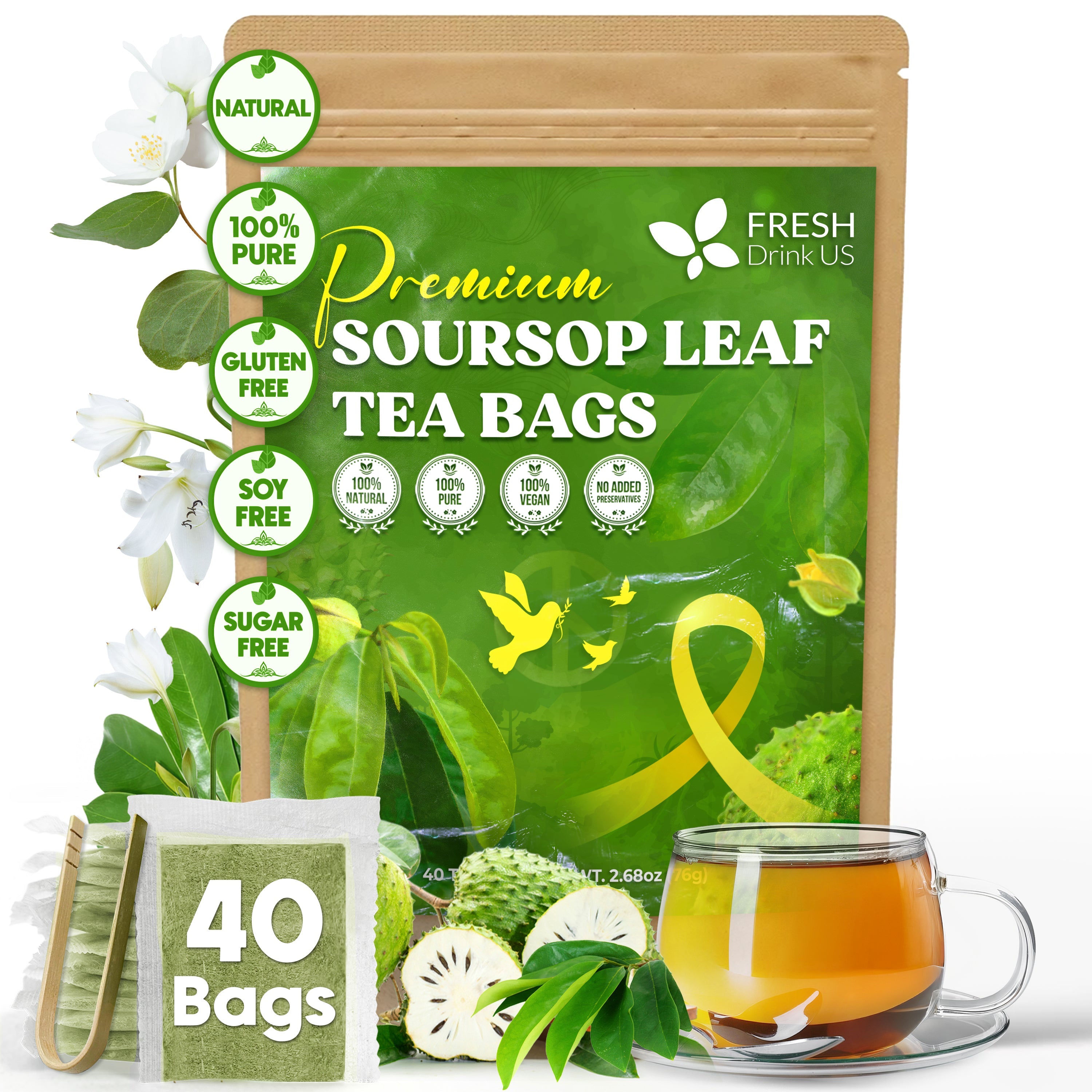 Premium Soursop Leaves Tea bags, Dried Soursop Leaves, Soursop Leaf Powder, Guanabana Leaves Tea, Hoja Guanabana Tea by FreshDrinkUS - Natural and Premium Herbal Tea