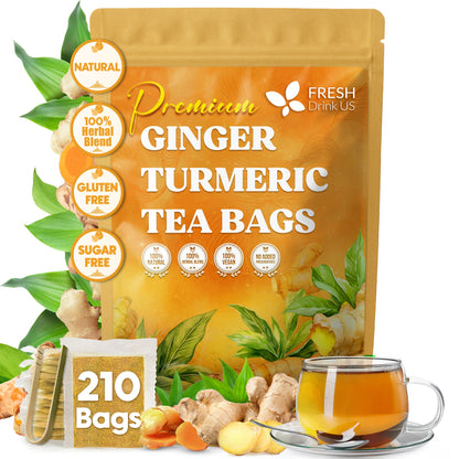 Premium Ginger Turmeric Tea Bags, Hand-made Blend of Ginger and Turmeric Herbal Tea, Eco-conscious Tea Bags. No Sugar, No Caffeine, No Gluten, Vegan. by FreshDrinkUS - Natural and Premium Herbal Tea