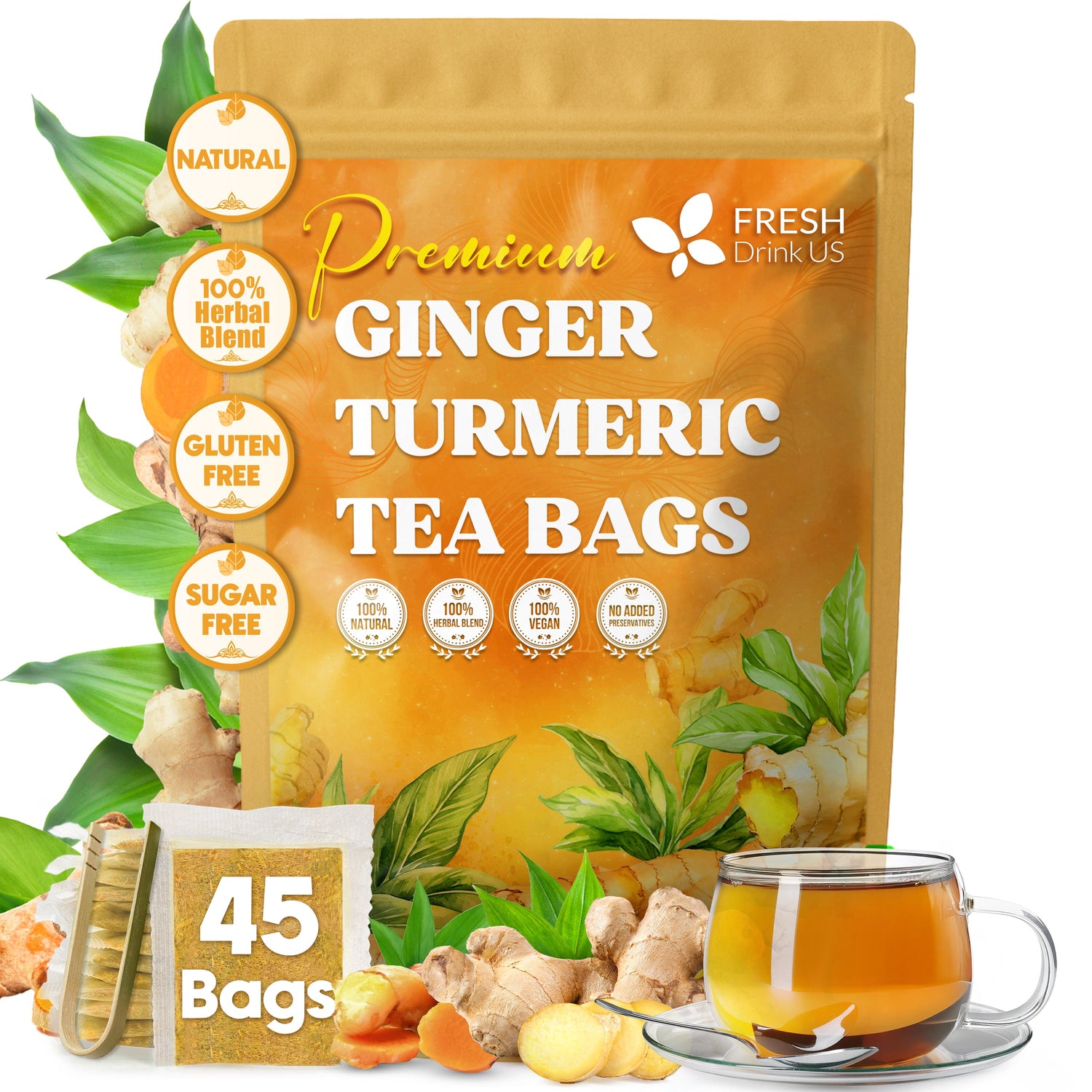 Premium Ginger Turmeric Tea Bags, Hand-made Blend of Ginger and Turmeric Herbal Tea, Eco-conscious Tea Bags. No Sugar, No Caffeine, No Gluten, Vegan. by FreshDrinkUS - Natural and Premium Herbal Tea