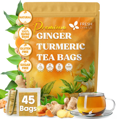 Premium Ginger Turmeric Tea Bags, Hand-made Blend of Ginger and Turmeric Herbal Tea, Eco-conscious Tea Bags. No Sugar, No Caffeine, No Gluten, Vegan. by FreshDrinkUS - Natural and Premium Herbal Tea