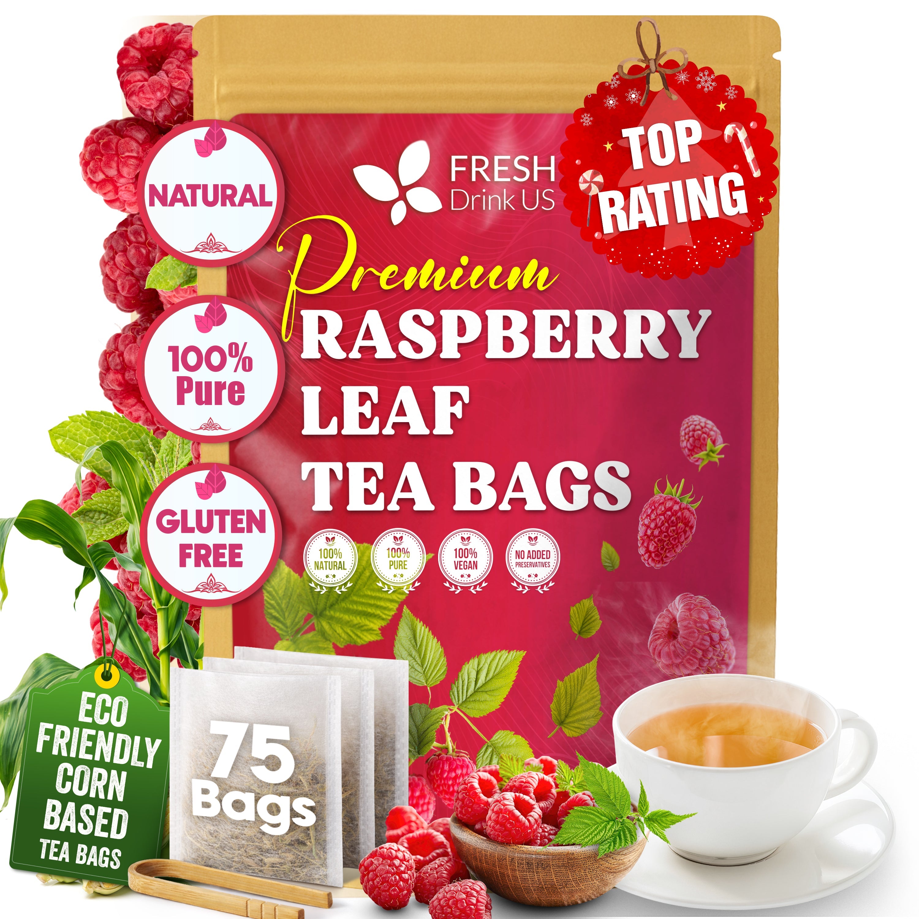 Raspberry Leaf Tea Bags, 100% Natural &amp; Pure from Raspberry Leaves. Loose Leaf Raspberry Herbal Tea, Made with Natural Material Tea Bags, Raspberry Leaf Tea. No Sugar, No Caffeine, No Gluten, Vegan. by FreshDrinkUS - Natural and Premium Herbal Tea