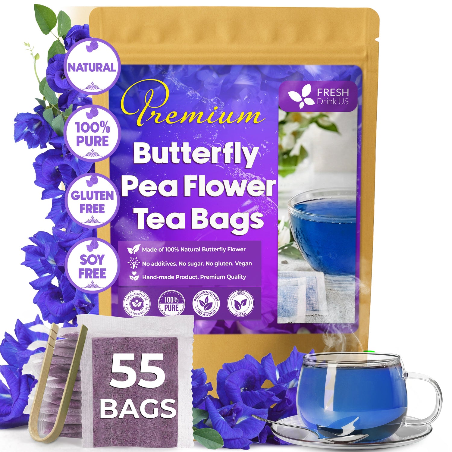 Premium Butterfly Pea Flowers, Tea Bags, 100% Natural and Pure from Butterfly Pea Flowers, Hand-made, Made With Natural Materials-Corn Fiber Tea Bag, Sugar/Caffeine/Gluten Free by FreshDrinkUS - Natural and Premium Herbal Tea