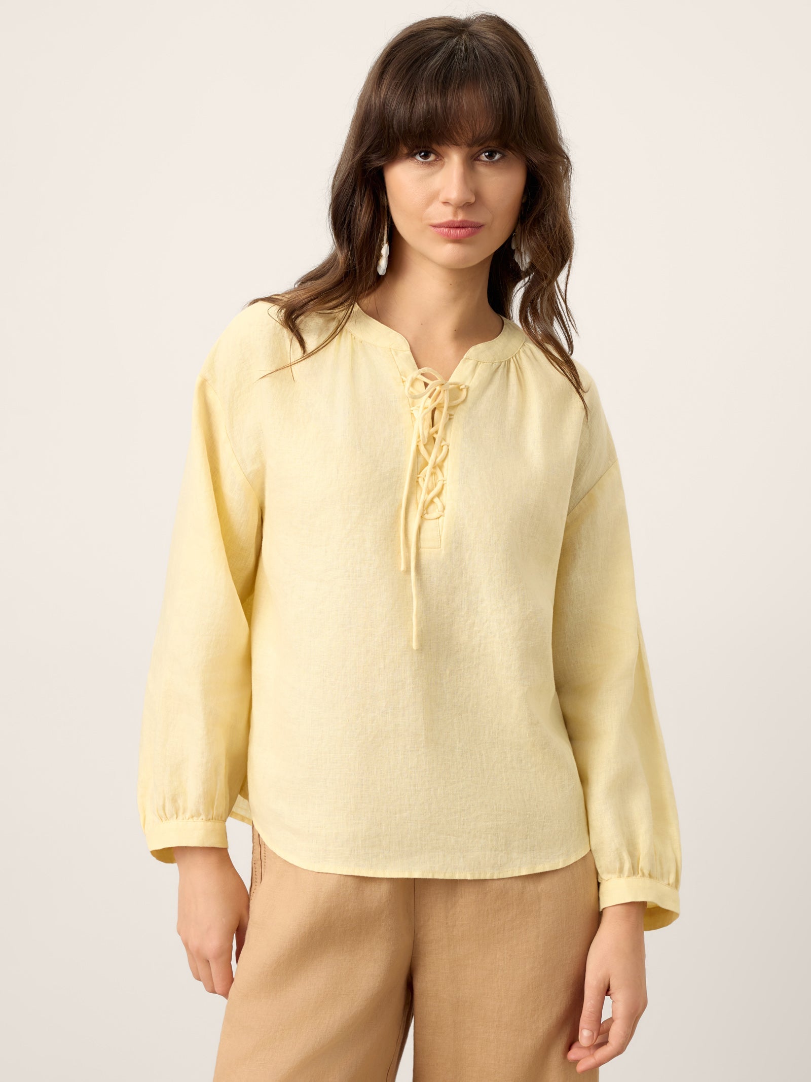 100% Linen Lace-Up Shirred Lantern Sleeve Blouse DOROTHEA by LINTICO