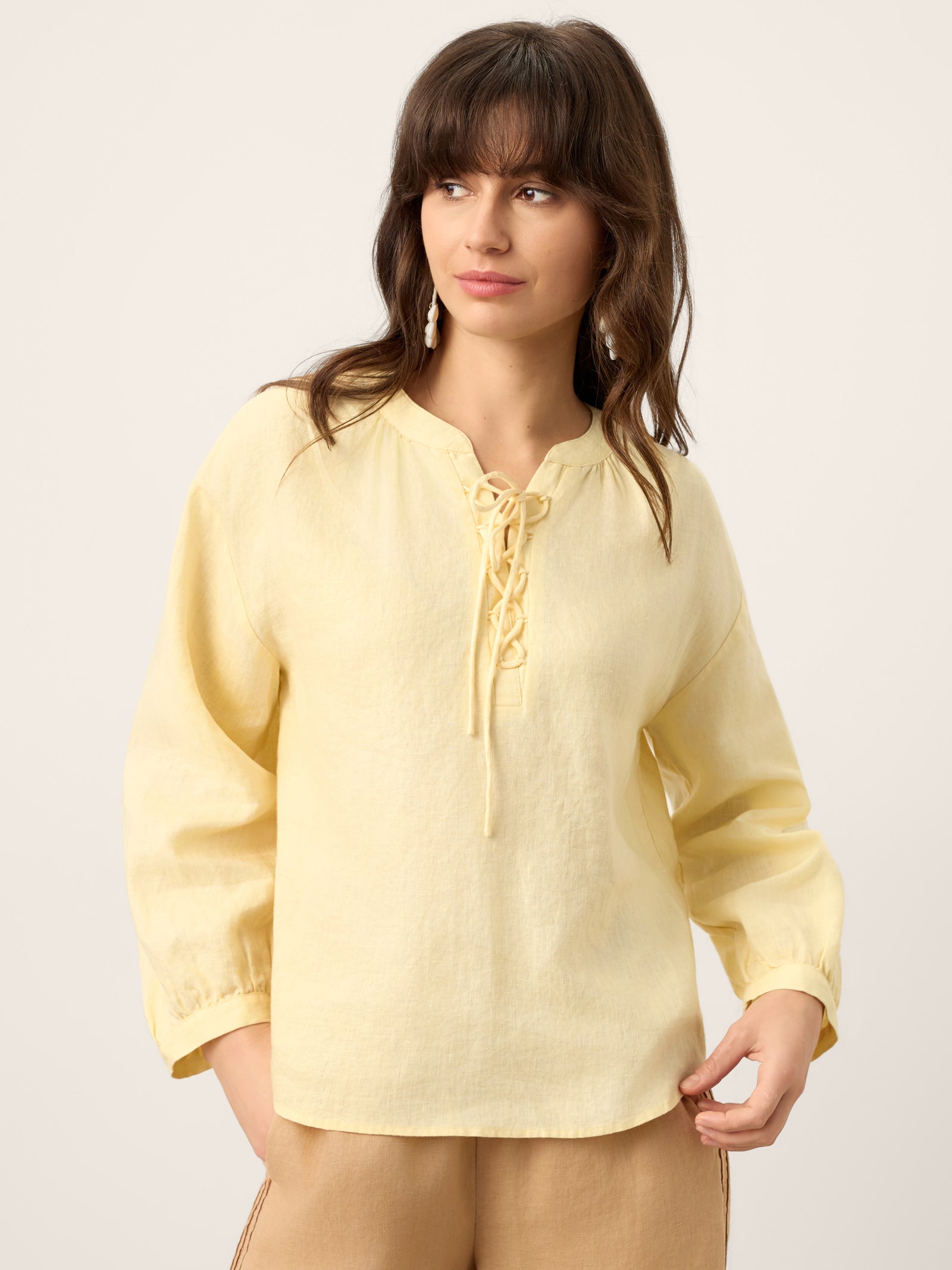 100% Linen Lace-Up Shirred Lantern Sleeve Blouse DOROTHEA by LINTICO