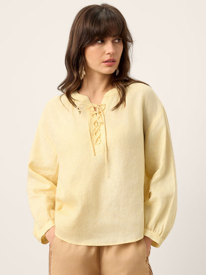 100% Linen Lace-Up Shirred Lantern Sleeve Blouse DOROTHEA by LINTICO