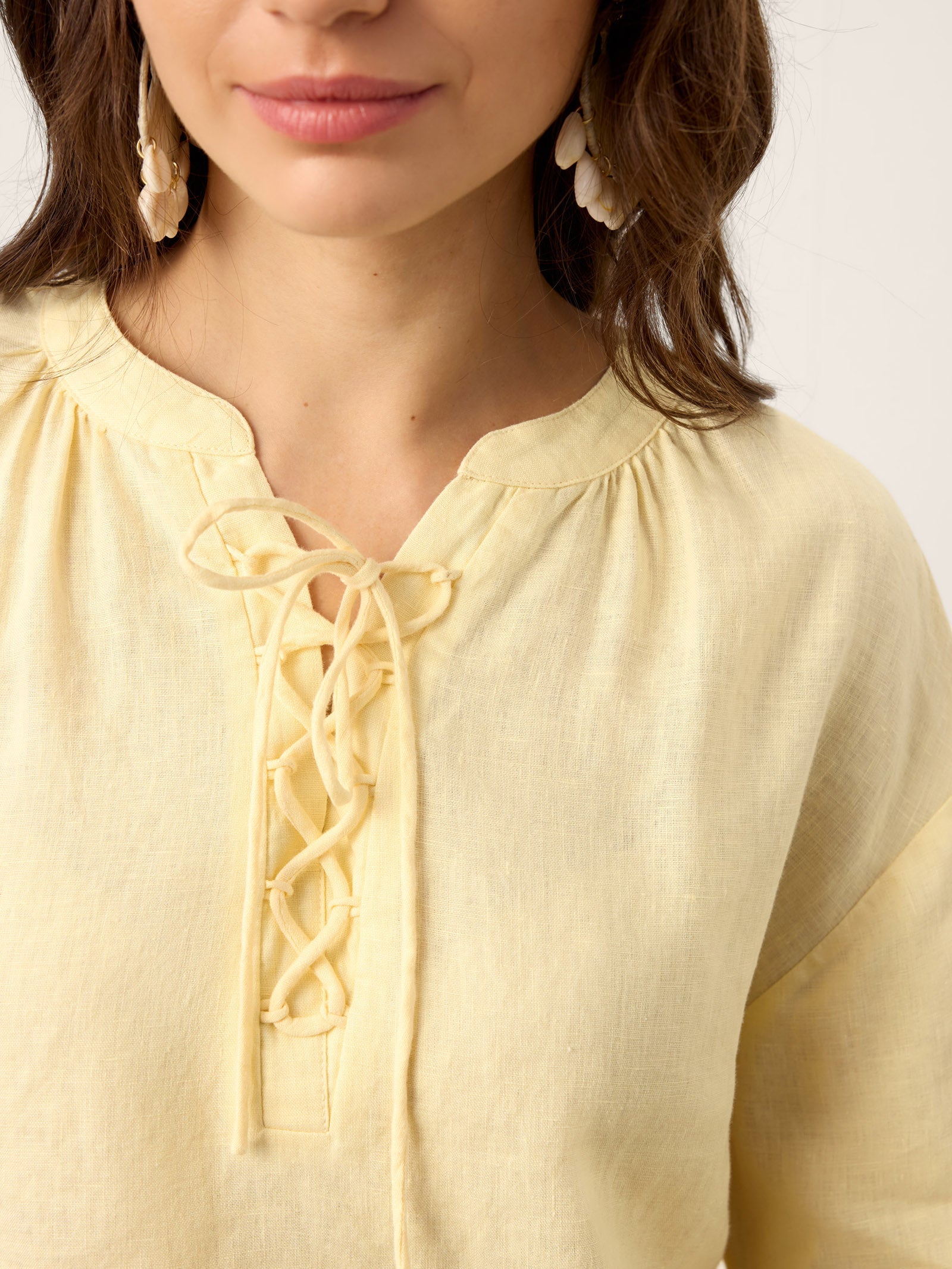 100% Linen Lace-Up Shirred Lantern Sleeve Blouse DOROTHEA by LINTICO