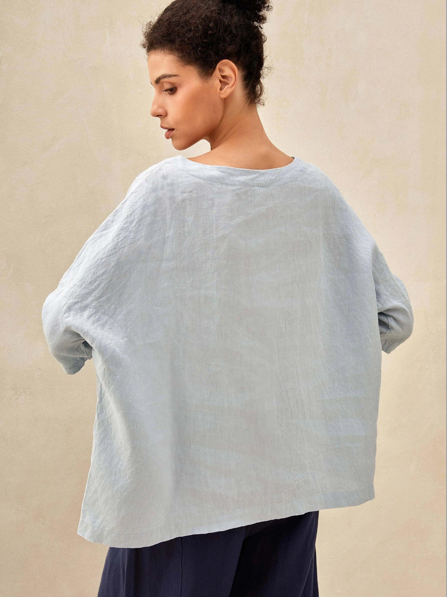 100% Linen Gingham Checked Boatneck 3/4 Length Sleeve Top AURORA by LINTICO
