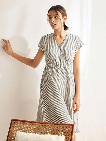 100% Linen Striped Elastic-Waist Mini Dress ARIA by LINTICO