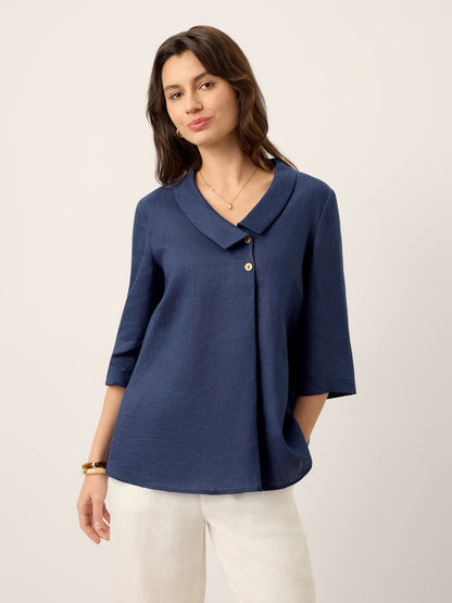 100% Linen Asymmetric Collar Inverted Pleat Top OTTILIE by LINTICO