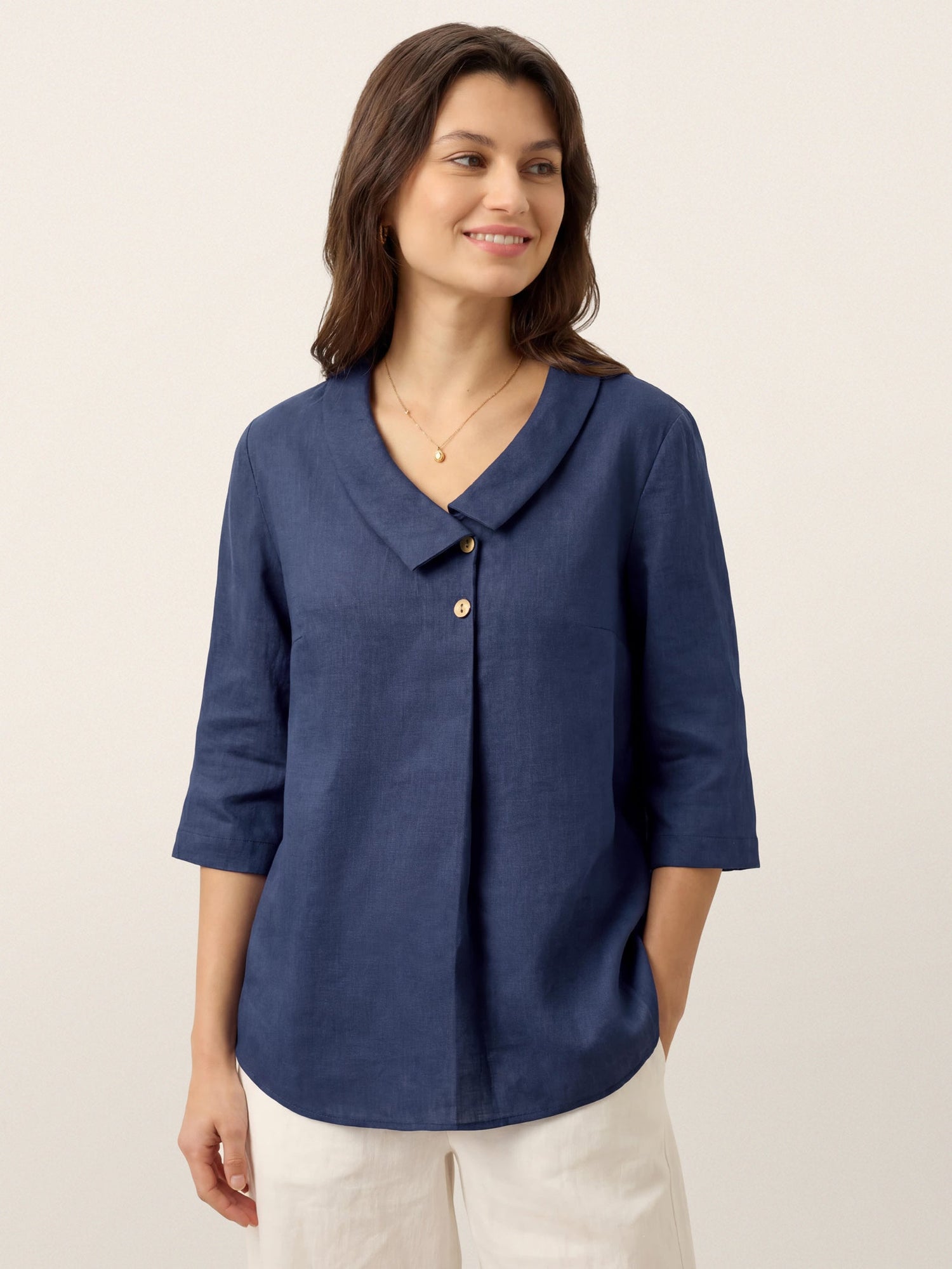 100% Linen Asymmetric Collar Inverted Pleat Top OTTILIE by LINTICO