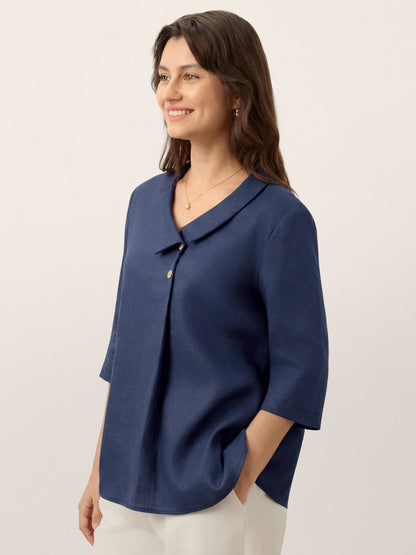 100% Linen Asymmetric Collar Inverted Pleat Top OTTILIE by LINTICO