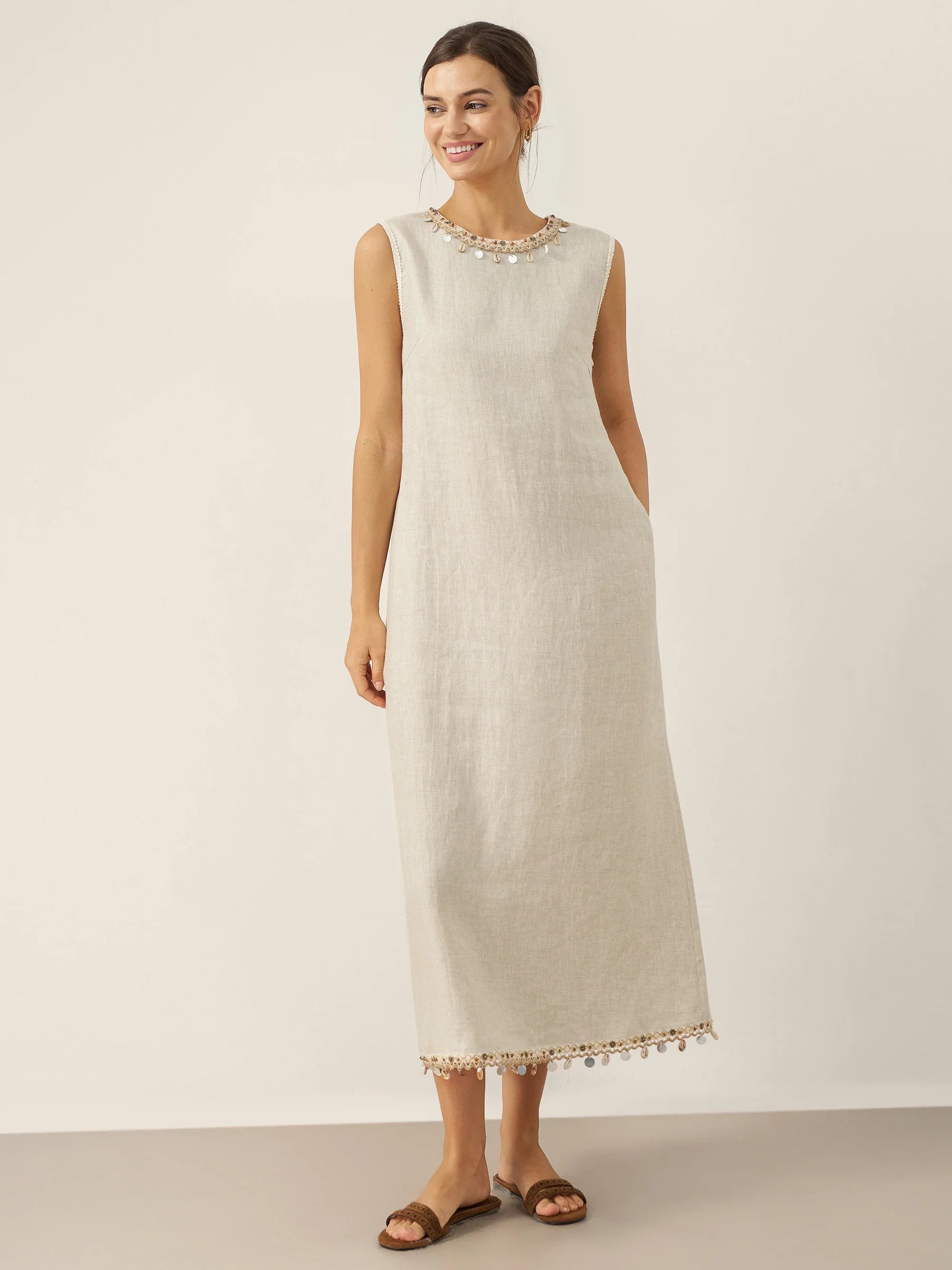 100% Linen Beaded Crew Neck Midi Dress with Belt BELLA by LINTICO