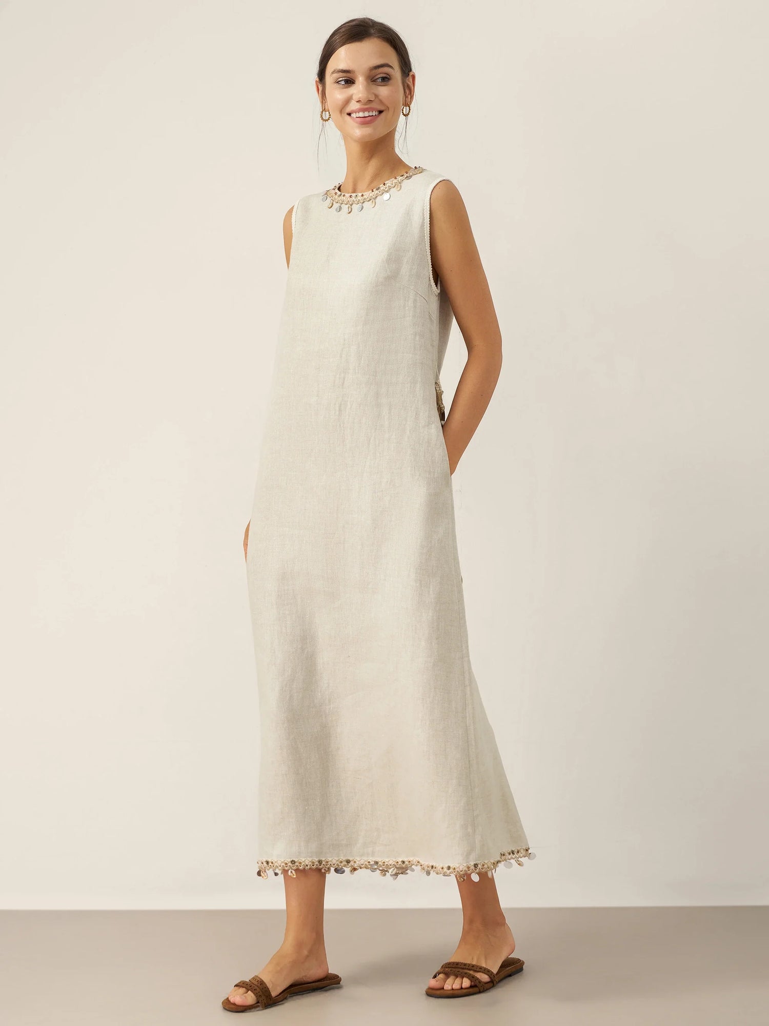 100% Linen Beaded Crew Neck Midi Dress with Belt BELLA by LINTICO