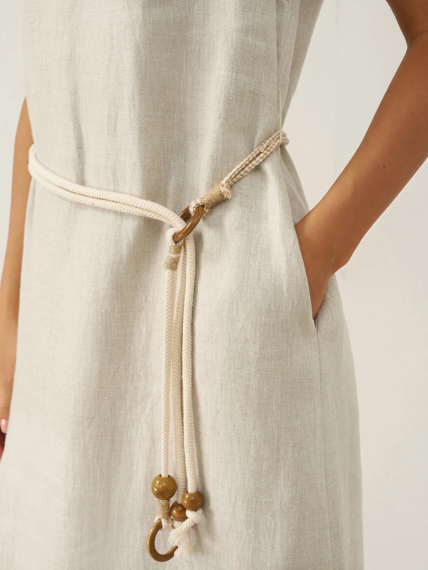 100% Linen Beaded Crew Neck Midi Dress with Belt BELLA by LINTICO