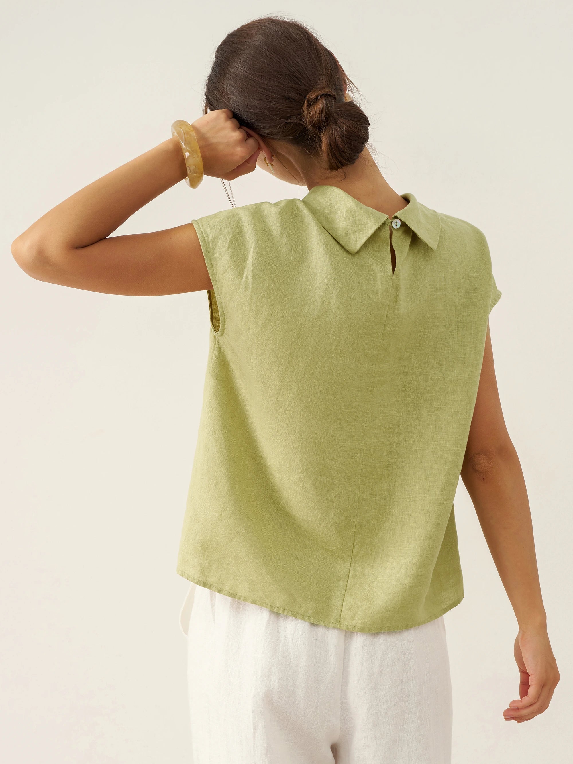100% Linen Cap Sleeve Soft-Fold Collar Top YVONNE by LINTICO