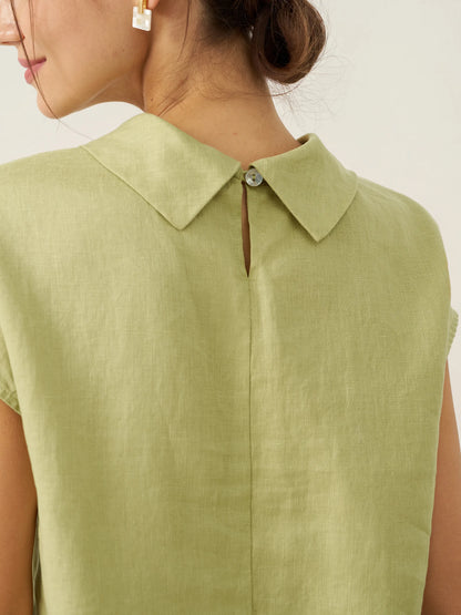 100% Linen Cap Sleeve Soft-Fold Collar Top YVONNE by LINTICO