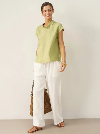 100% Linen Cap Sleeve Soft-Fold Collar Top YVONNE by LINTICO