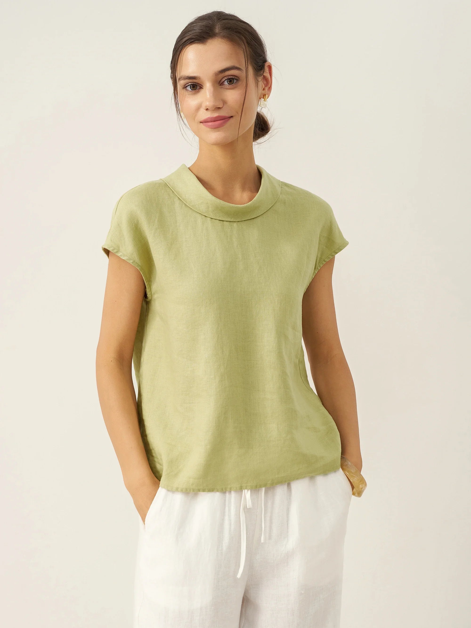 100% Linen Cap Sleeve Soft-Fold Collar Top YVONNE by LINTICO