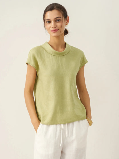 100% Linen Cap Sleeve Soft-Fold Collar Top YVONNE by LINTICO