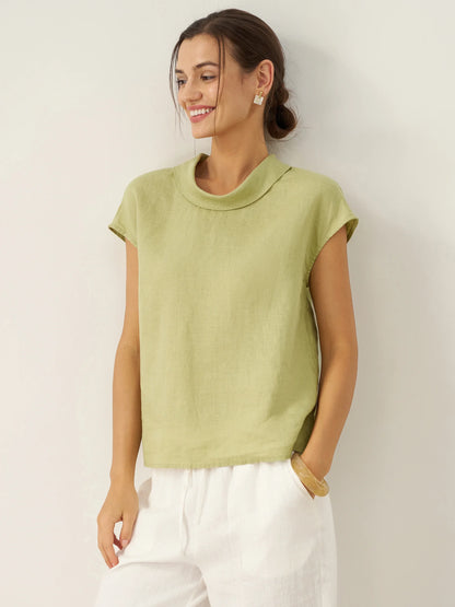 100% Linen Cap Sleeve Soft-Fold Collar Top YVONNE by LINTICO