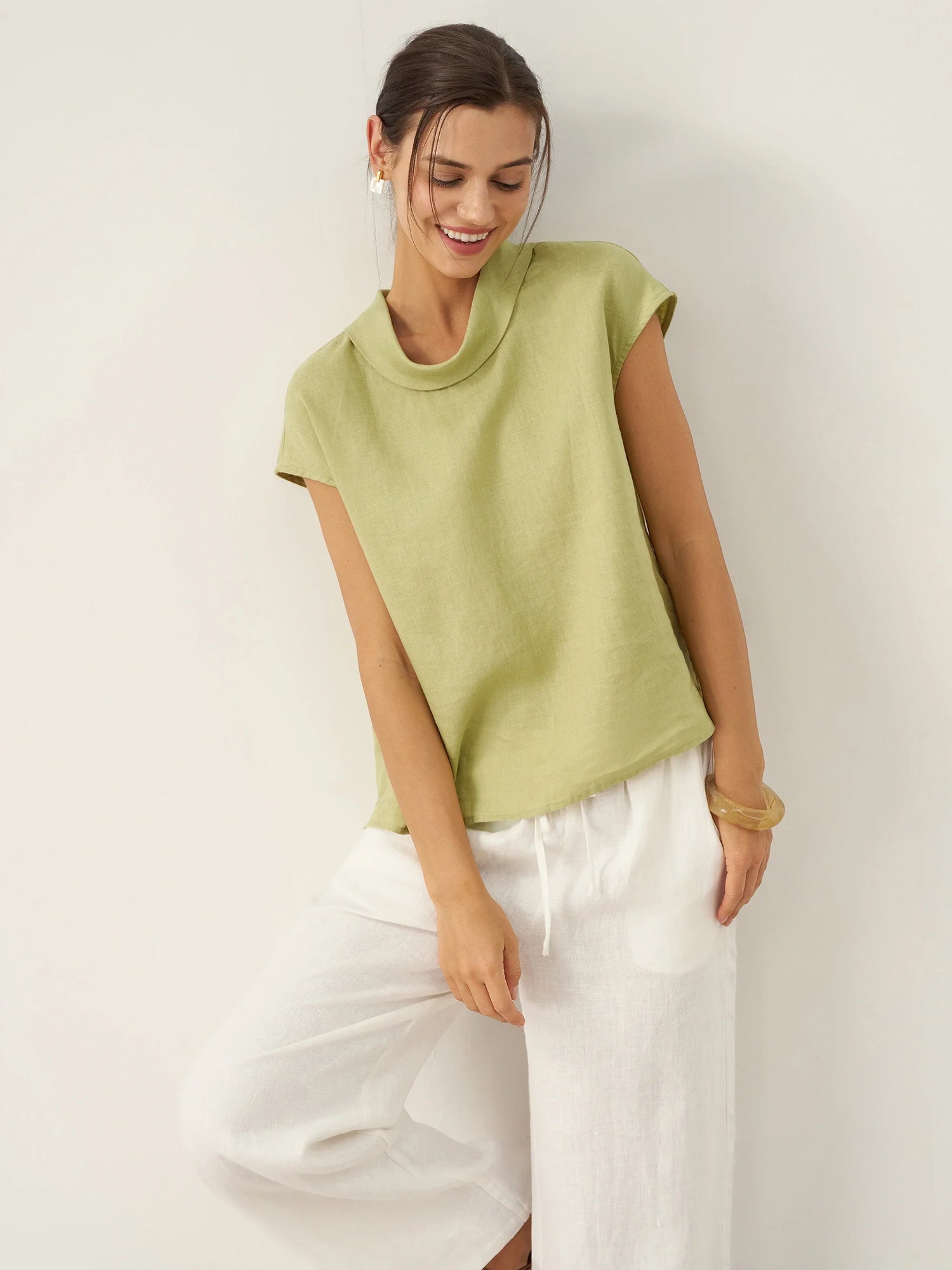 100% Linen Cap Sleeve Soft-Fold Collar Top YVONNE by LINTICO