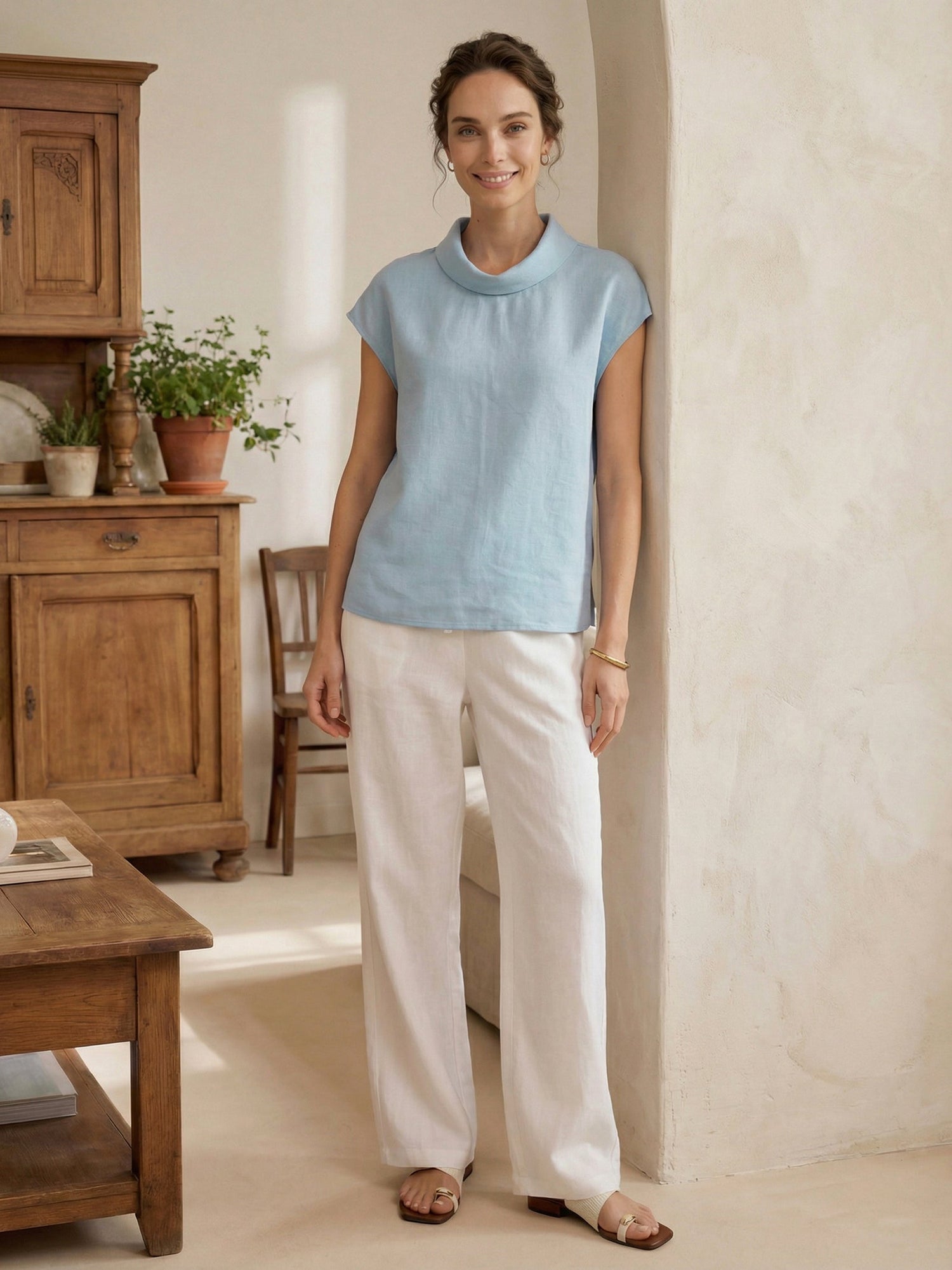 100% Linen Cap Sleeve Soft-Fold Collar Top YVONNE by LINTICO