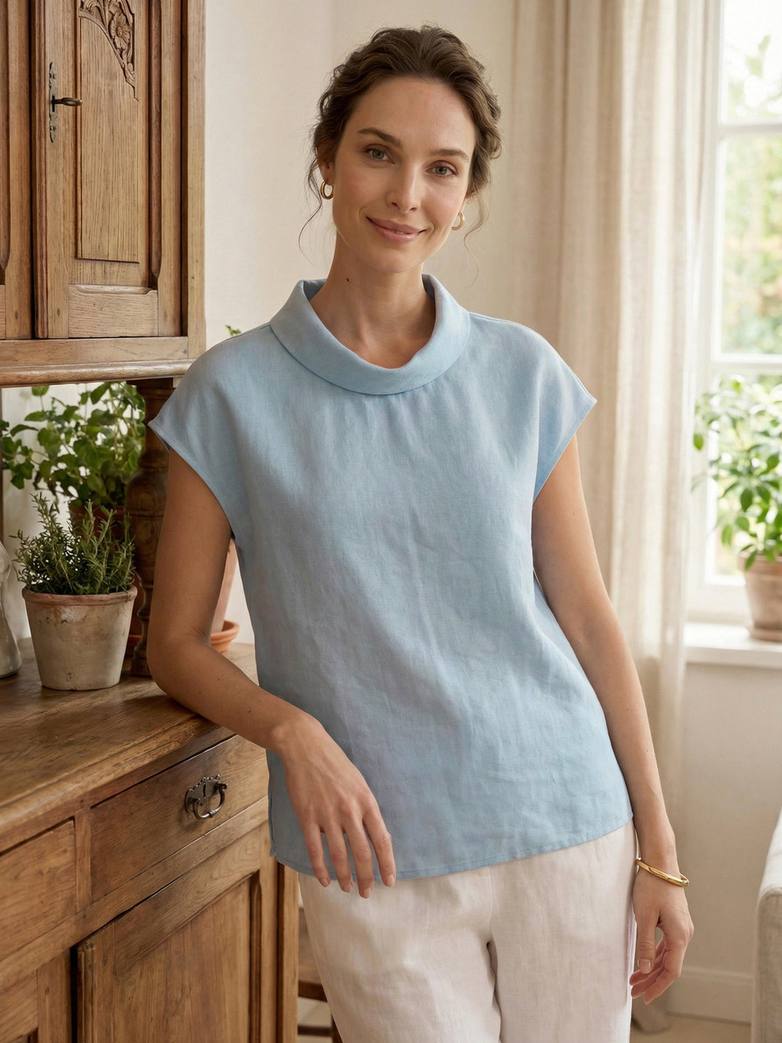 100% Linen Cap Sleeve Soft-Fold Collar Top YVONNE by LINTICO