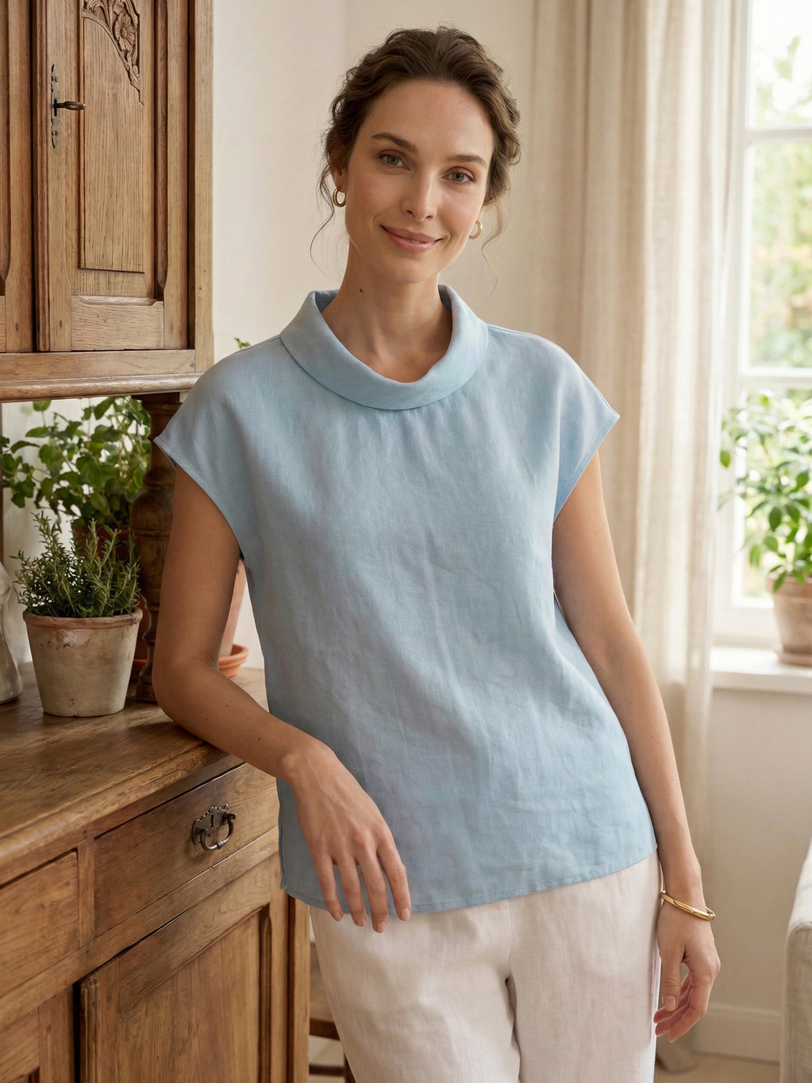 100% Linen Cap Sleeve Soft-Fold Collar Top YVONNE by LINTICO