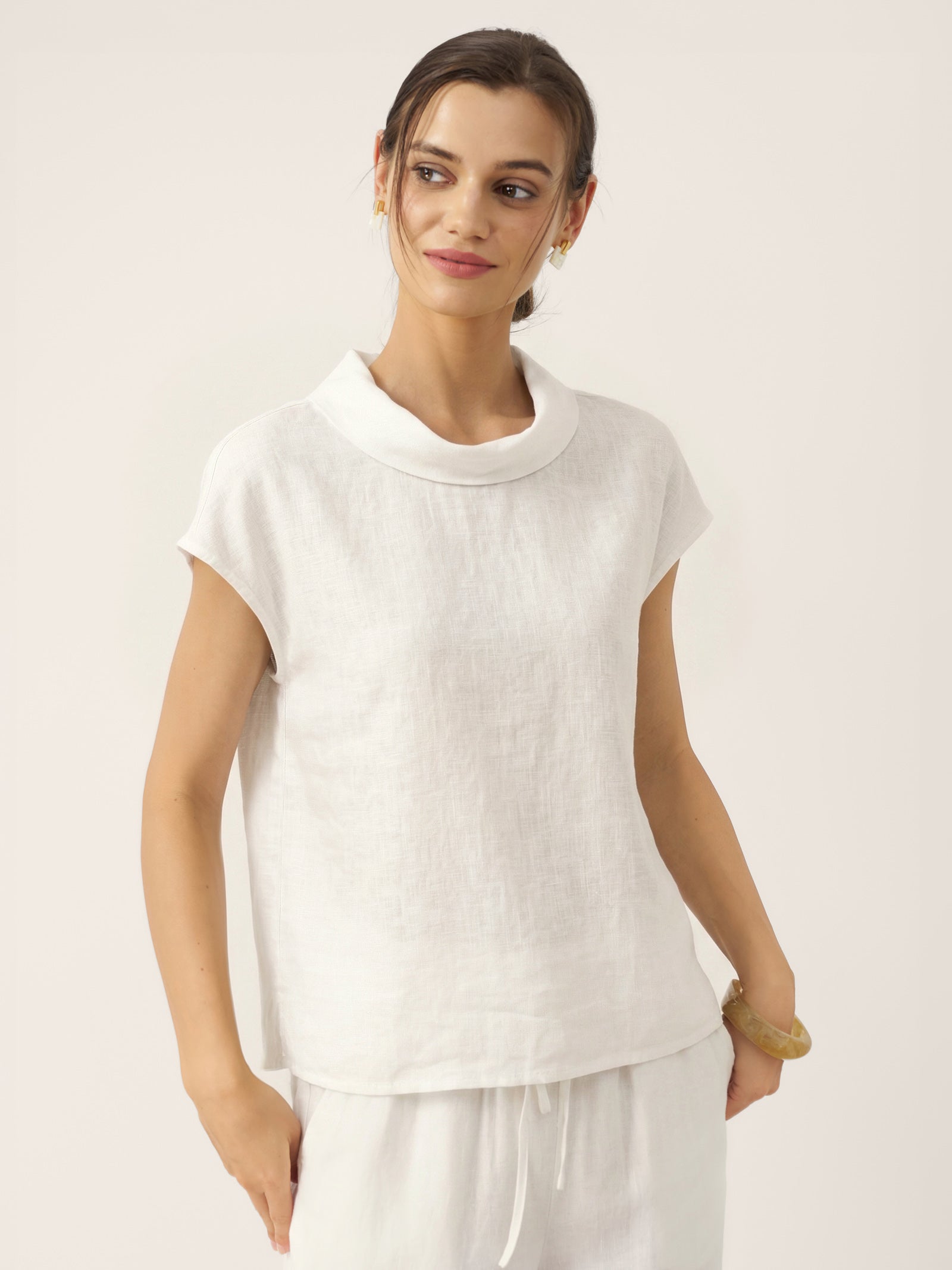 100% Linen Cap Sleeve Soft-Fold Collar Top YVONNE by LINTICO