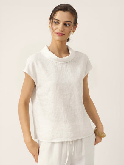 100% Linen Cap Sleeve Soft-Fold Collar Top YVONNE by LINTICO