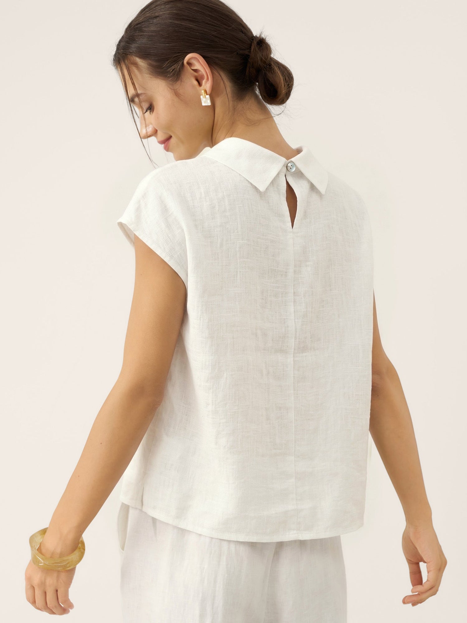 100% Linen Cap Sleeve Soft-Fold Collar Top YVONNE by LINTICO