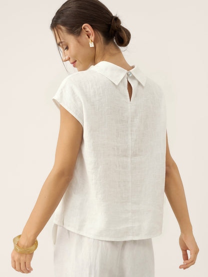 100% Linen Cap Sleeve Soft-Fold Collar Top YVONNE by LINTICO