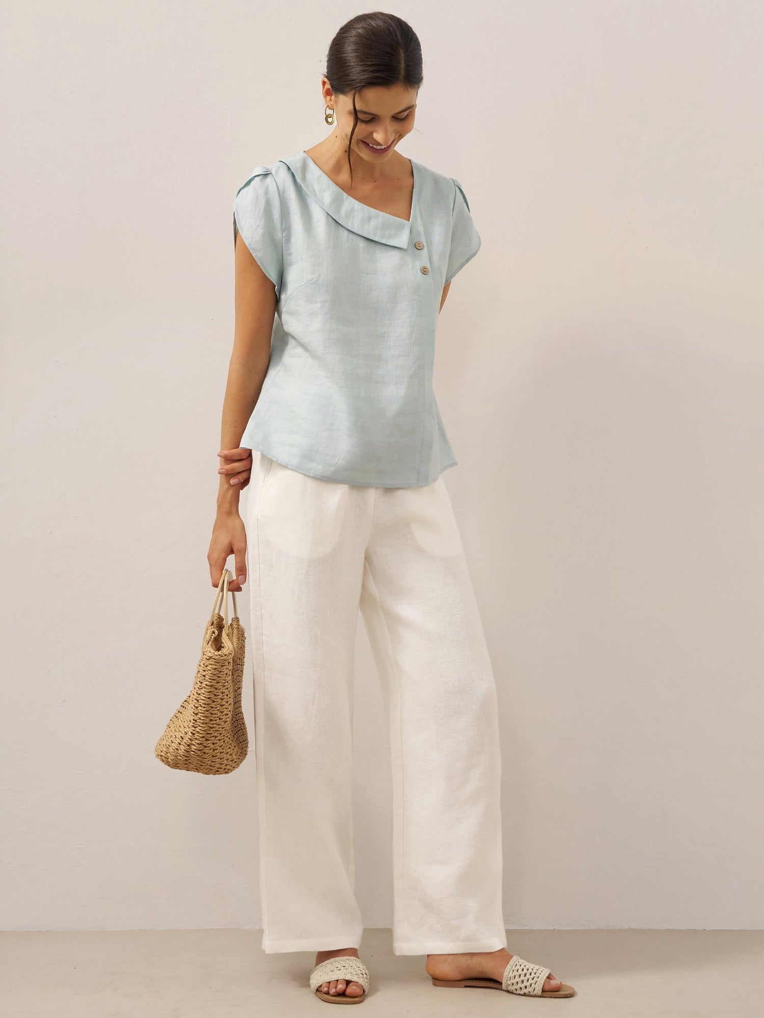 100% Linen Crescent Collar Flutter Sleeve Top FARA by LINTICO